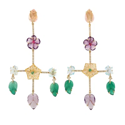 Artisan Women's 18k Gold Carved Mixed Stone & Diamond Flower Chandelier Earrings In Multi