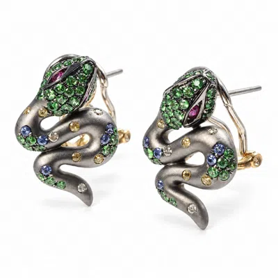 Artisan Women's 18k Gold Multicolor Gemstone Snake Stud Earrings
