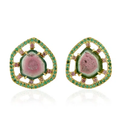 Artisan Women's 18k Gold Stud Earrings With Melon Tourmaline & Tsavorite Gemstones In Green