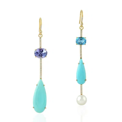 Artisan Women's 18k Gold Turquoise & Pearl Topaz Tanzanite Diamond Ear Hook Earrings In Blue