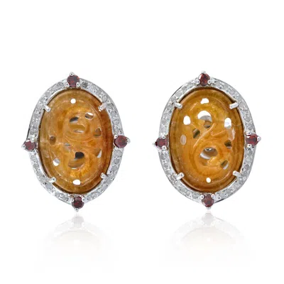 Artisan Women's 18k White Gold & Sterling Silver Carved Yellow Jade Diamond Stud Earrings