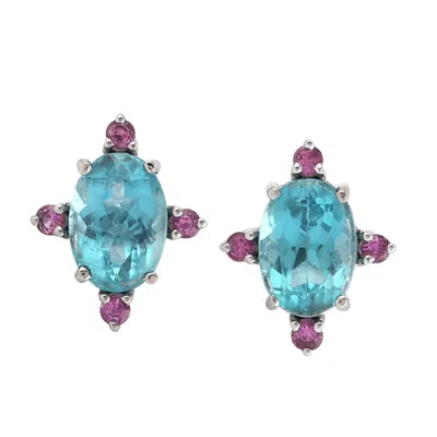 Artisan Women's 18k White Gold Apatite Sapphire Gemstone Designer Stud Earrings In Blue