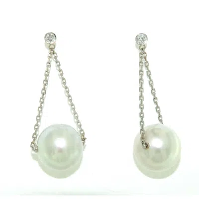 Artisan Women's 18k White Gold With Bezel Set Diamond & Pearl Ball Chain Loop Dangle Earrings