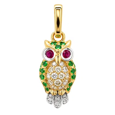 Artisan Women's 18k Yellow & White Gold Ruby, Tsavorite Garnet & Diamond Owl Pendant