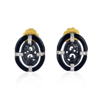 Artisan Women's 18k Yellow Gold & Silver Black Onyx, Carved Jade & Diamond Stud Earrings