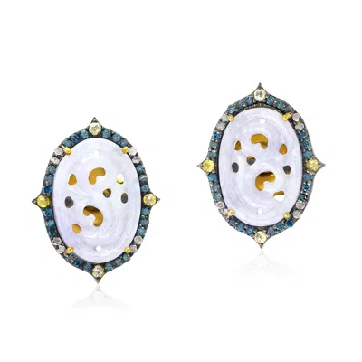 Artisan Women's 18k Yellow Gold & Silver Carved Jade & Colored Diamond Stud Earrings In Multi