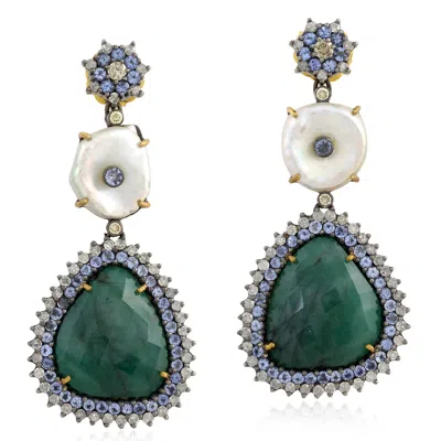 Artisan Women's 18k Yellow Gold & Silver Emerald, Pearl, Tanzanite & Diamond Drop Earrings In Green