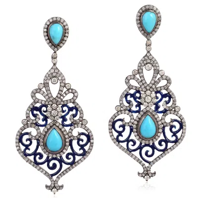 Artisan Women's 18k Yellow Gold & Silver Turquoise, Diamond & Blue Enamel Statement Earrings In Metallic