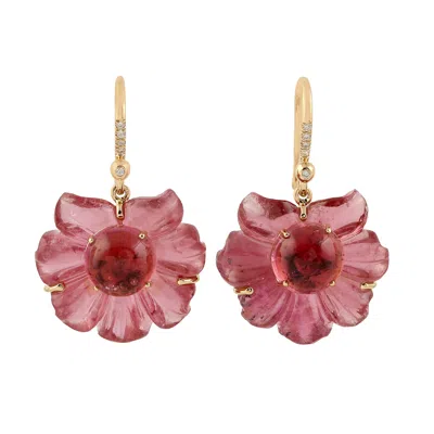 Artisan Women's 18k Yellow Gold Carved Pink Tourmaline & Diamond Floral Earrings