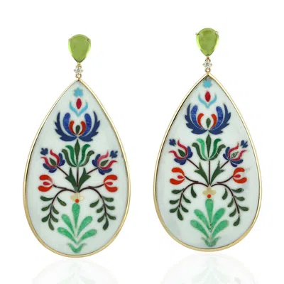 Artisan Women's 18k Yellow Gold Flower Enamel Earrings Diamond Peridot Gemstone In Multi