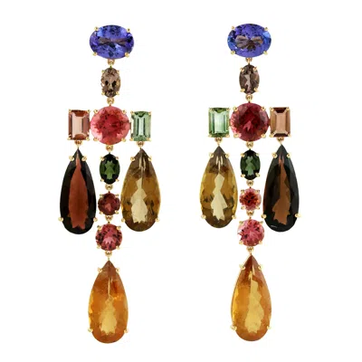 Artisan Women's 18k Yellow Gold In Rainbow Tourmaline & Tanzanite Gemstone Tutti Frutti Chandelier Earrings