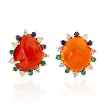 Artisan Women's 18k Yellow Gold With Fire Opal & Blue Sapphire And Emerald Prong Diamond Stud Earrings In Orange
