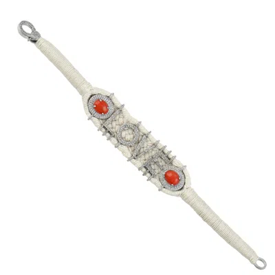 Artisan Women's 925 Sterling Silver Red Coral & Diamond Love Macramé Bracelet In Gray/orange/red