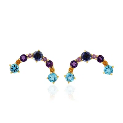Artisan Women's Amethyst & Iolite Crescent Stud Earrings In Gold – Multi-gemstone Design