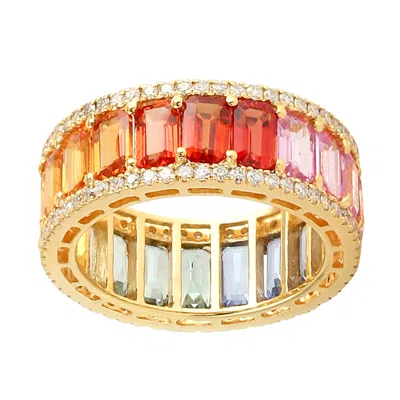 Artisan Women's Baguette Cut Multi-color Sapphire & Pave Diamond Eternity Band Ring In 18kt Gold