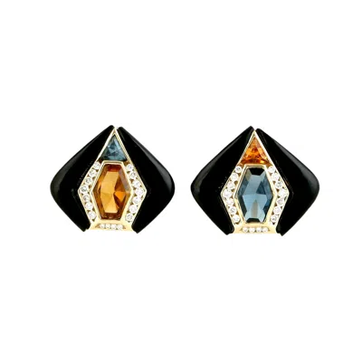 Artisan Women's Black / Blue 14k Yellow Gold Blue Topaz, Citrine, Diamond & Black Onyx Stud Earrings