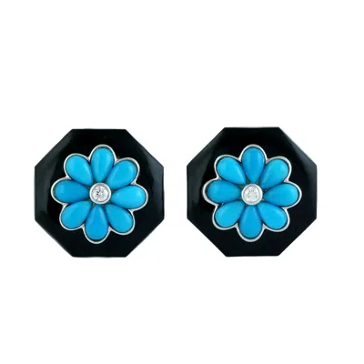 Artisan Women's Black / Blue / White 14k White Gold Turquoise Flower, Black Onyx & Diamond Stud Earrings