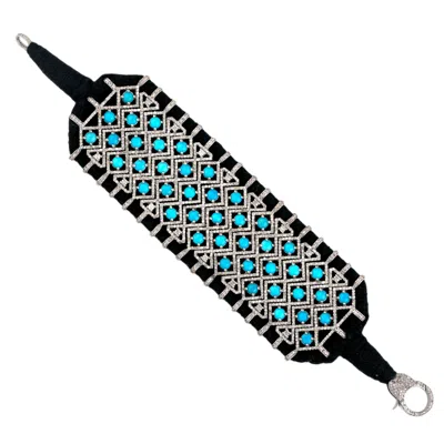Artisan Women's Black / Blue / White Turquoise & Diamond Statement Bracelet In 925 Silver With Black Cord In Black/blue/white