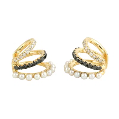 Artisan Women's Black / Gold 14k Gold White & Black Diamond Multilayer Pearl Cuff Earrings