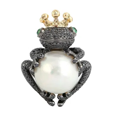 Artisan Women's Black / Green / Gold Pearl & Emerald Frog Pendant With Pave Black Diamonds In Oxidized Gold