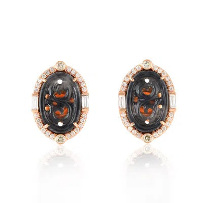 Artisan Women's Black / Rose Gold / White 18k Rose Gold Stud Earrings With Baguette Diamonds & Carved Jade