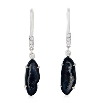 Artisan Women's Black / White 18k White Gold Ear Hook Earrings With Raw Geode & Diamonds In Metallic