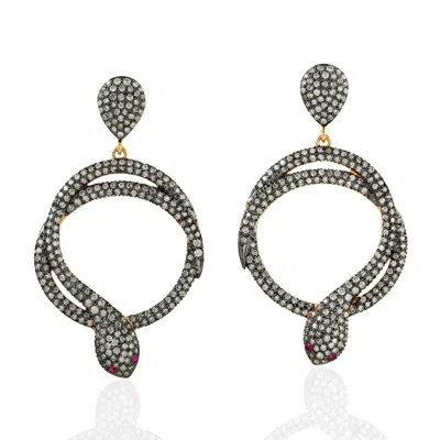 Artisan Women's Black / White / Gold Natural Diamond & Ruby Snake Dangle Earrings In 18k Gold Jewelry In Gray