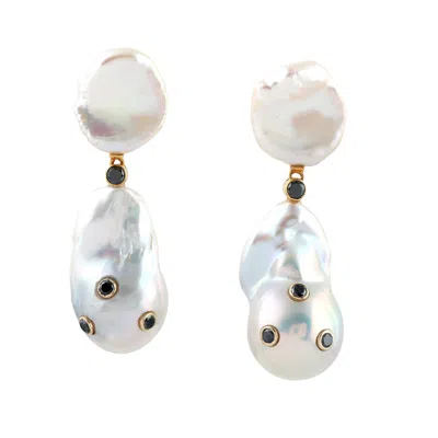 Artisan Women's Black / White / Gold Yellow Gold Dangle Earrings With Natural Diamonds & Pearls