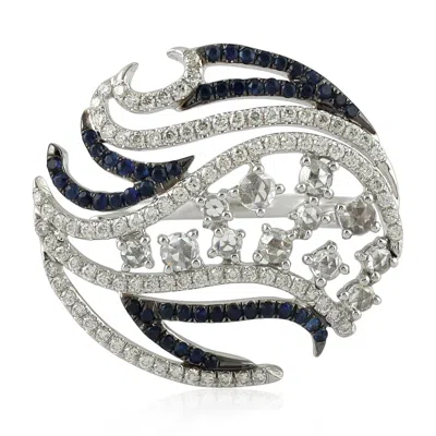 Artisan Women's Black / White Luxury White Gold Ring Featuring Blue Sapphire & Diamond Accents In Metallic