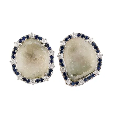 Artisan Women's Blue / Brown / White Geode & Blue Sapphire Gemstone Diamond Stud Earrings In White Gold In Multi