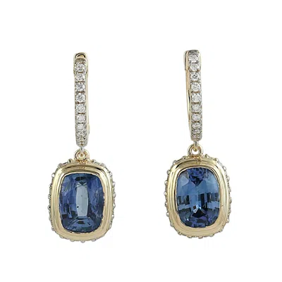 Artisan Women's Blue / Gold / White Blue Sapphire Pave Diamond Huggie Earrings In Gold
