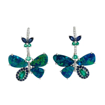 Artisan Women's Blue / Green / White Opal Doublet & Blue Sapphire Emerald Pave Diamond Butterfly Earrings In