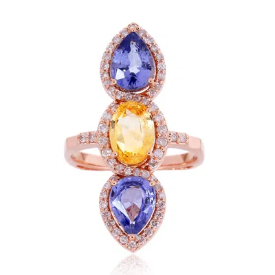 Artisan Women's Blue / Rose Gold Rose Gold Three-stone Ring With Diamond & Multi-colored Sapphire