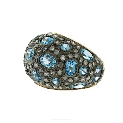 Artisan Women's Blue / Silver / White Blue Topaz Pave Diamond 18k Gold 925 Sterling Silver Vintage Ring In Multi