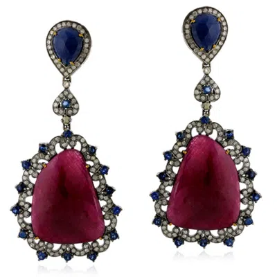 Artisan Women's Blue / Silver / White Pave Diamond 18k Gold Silver Blue Sapphire Ruby Dangle Earrings Jewelr In Blue/silver/white