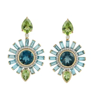Artisan Women's Blue Topaz & Peridot Gemstone Pave Diamond Starburst Dangle Earrings In Gold In Green