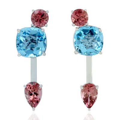 Artisan Women's Blue Topaz & Pink Tourmaline Ear Jacket Earrings In 18k White Gold