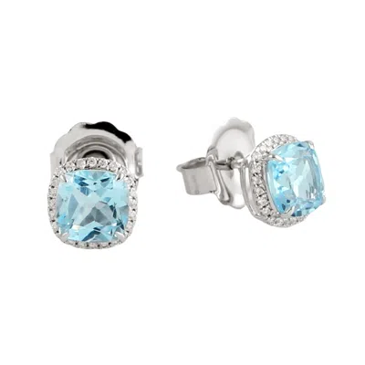 Artisan Women's Blue / White 14k White Gold Cushion Blue Topaz & Diamond Halo Stud Earrings