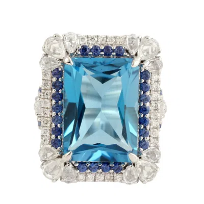 Artisan Women's Blue / White 18k White Gold Blue Topaz & Sapphire Pave Diamond Cocktail Ring