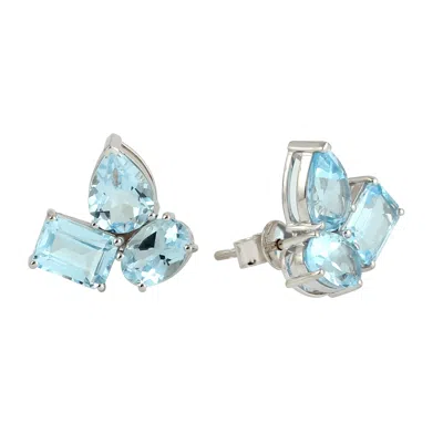 Artisan Women's Blue / White 18k White Gold Blue Topaz Three Stone Stud Earrings