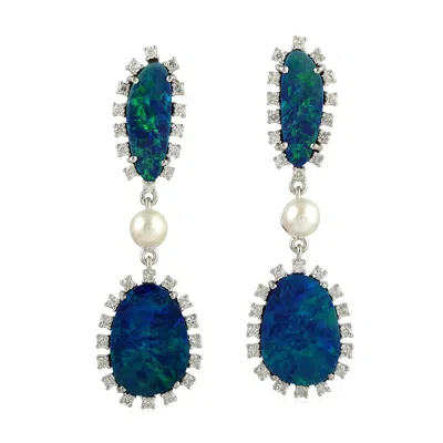 Artisan Women's Blue / White 18k White Gold Opal Doublet & Pearl Pave Diamond Dangle Earrings In Metallic