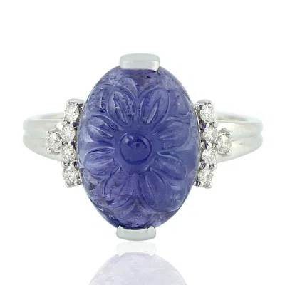 Artisan Women's Blue / White 18k White Gold Ring With Carved Tanzanite & Pave Diamonds – Floral Design Jewel In Multi