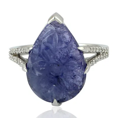 Artisan Women's Blue / White 18k White Gold Ring With Flower Carved Tanzanite & Natural Diamonds – Handmade  In Multi