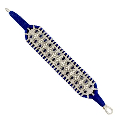 Artisan Women's Blue / White 925 Sterling Silver Blue Sapphire, Pearl & Diamond Statement Bracelet With Silk