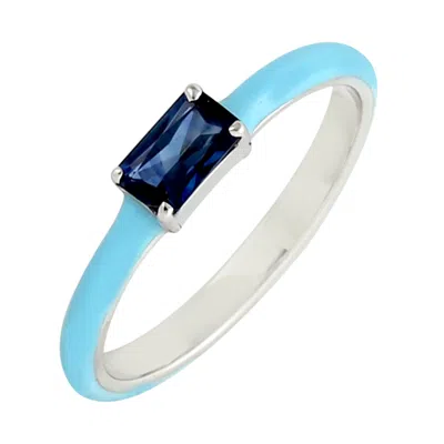 Artisan Women's Blue / White Baguette Blue Sapphire Enamel Band Ring In 18k White Gold