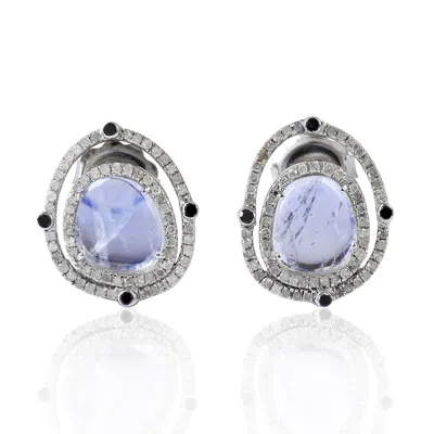 Artisan Women's Blue / White / Black Moonstone Pave Diamond Halo Stud Earrings In 18k White Gold & 925 Silve In Multi