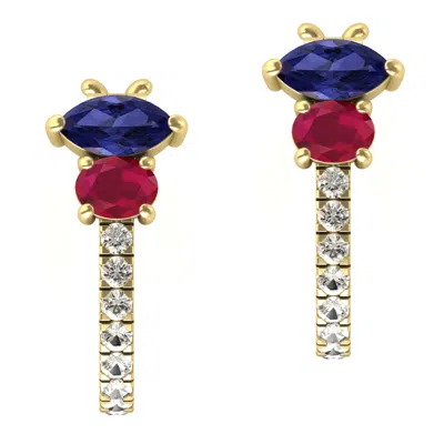 Artisan Women's Blue / White Blue Sapphire & Ruby Pave Diamond Hoop Earrings In Yellow Gold