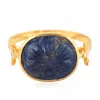 Artisan Women's Blue / White / Gold Carved Blue Sapphire Gemstone Prong Diamond Cocktail Ring In 14k Yellow  In Gold