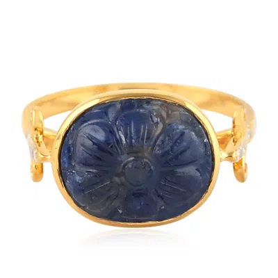 Artisan Women's Blue / White / Gold Carved Blue Sapphire Gemstone Prong Diamond Cocktail Ring In 14k Yellow  In Multi