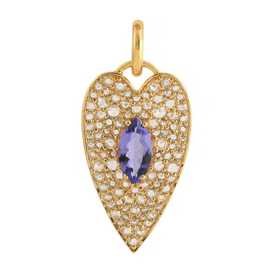 Artisan Women's Blue / White / Gold Marquise Shape Blue Tanzanite With Pave Natural Diamond In Heart Pendant